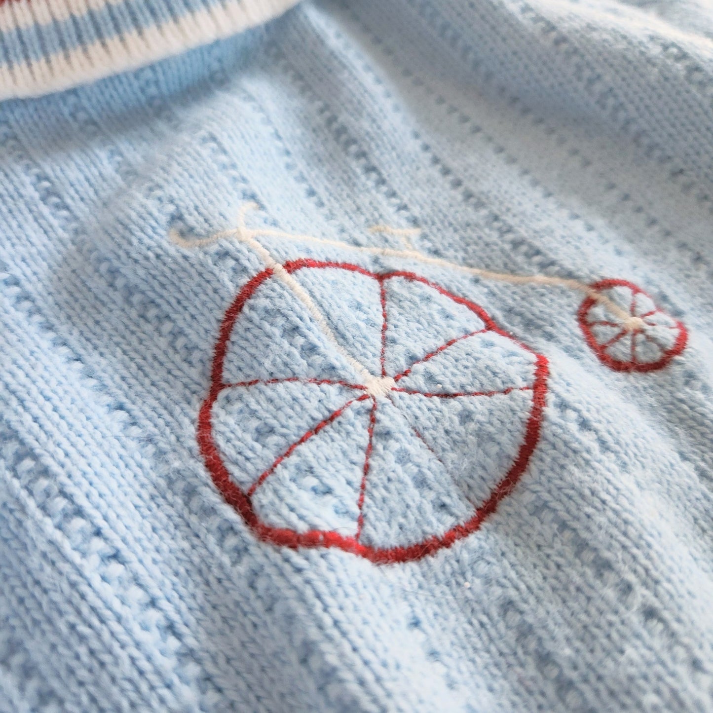 Vintage 1960s Doe Spun Toddler Turtleneck Sweater – Baby Blue with Penny Farthing Embroidery – Size 2T