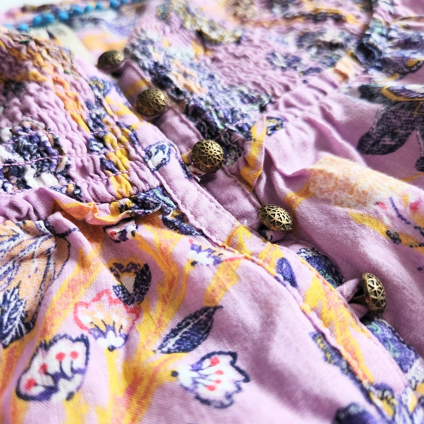 Anthropologie Bohemian Purple Floral Blouse Brass Buttons Flutter Sleeves Size M