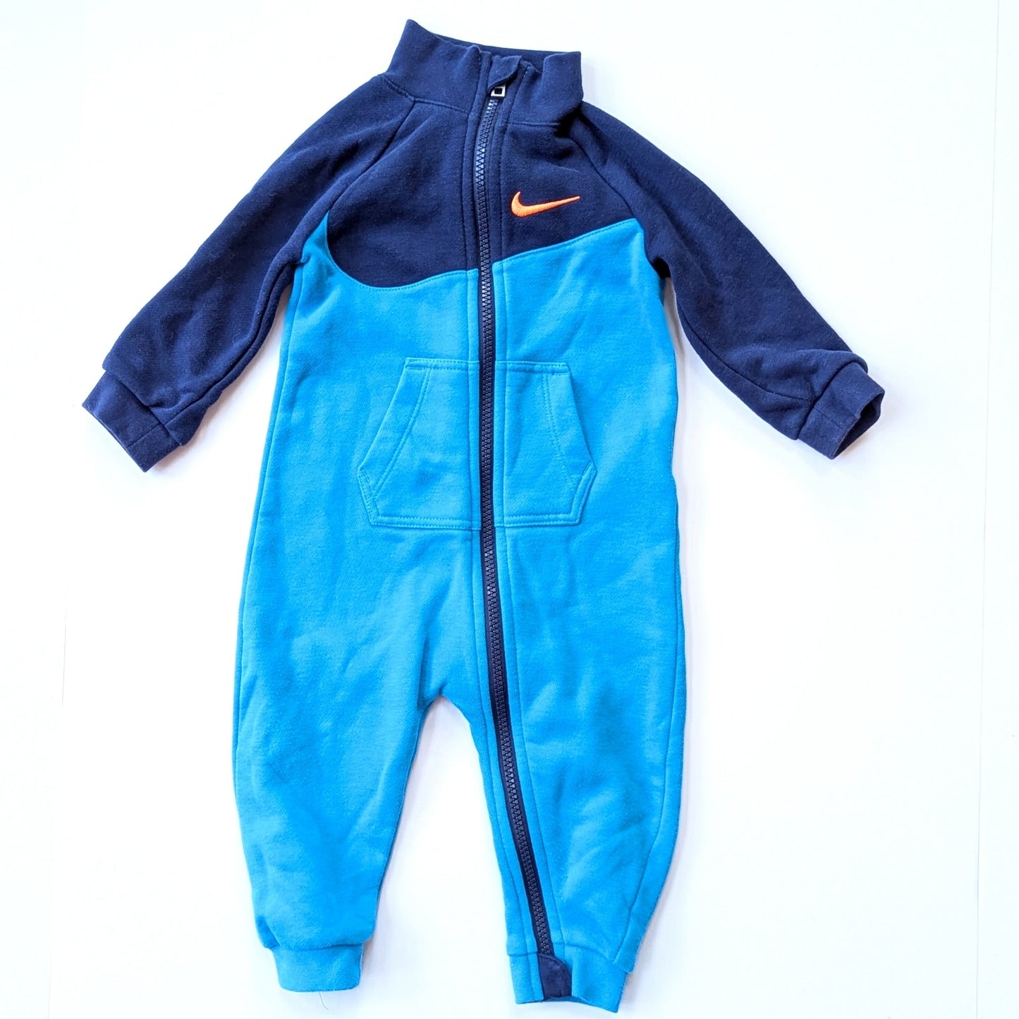 Nike Infant Fleece Color Block Coverall Blue Turquoise Orange Sz 12 mos 74-80 cm