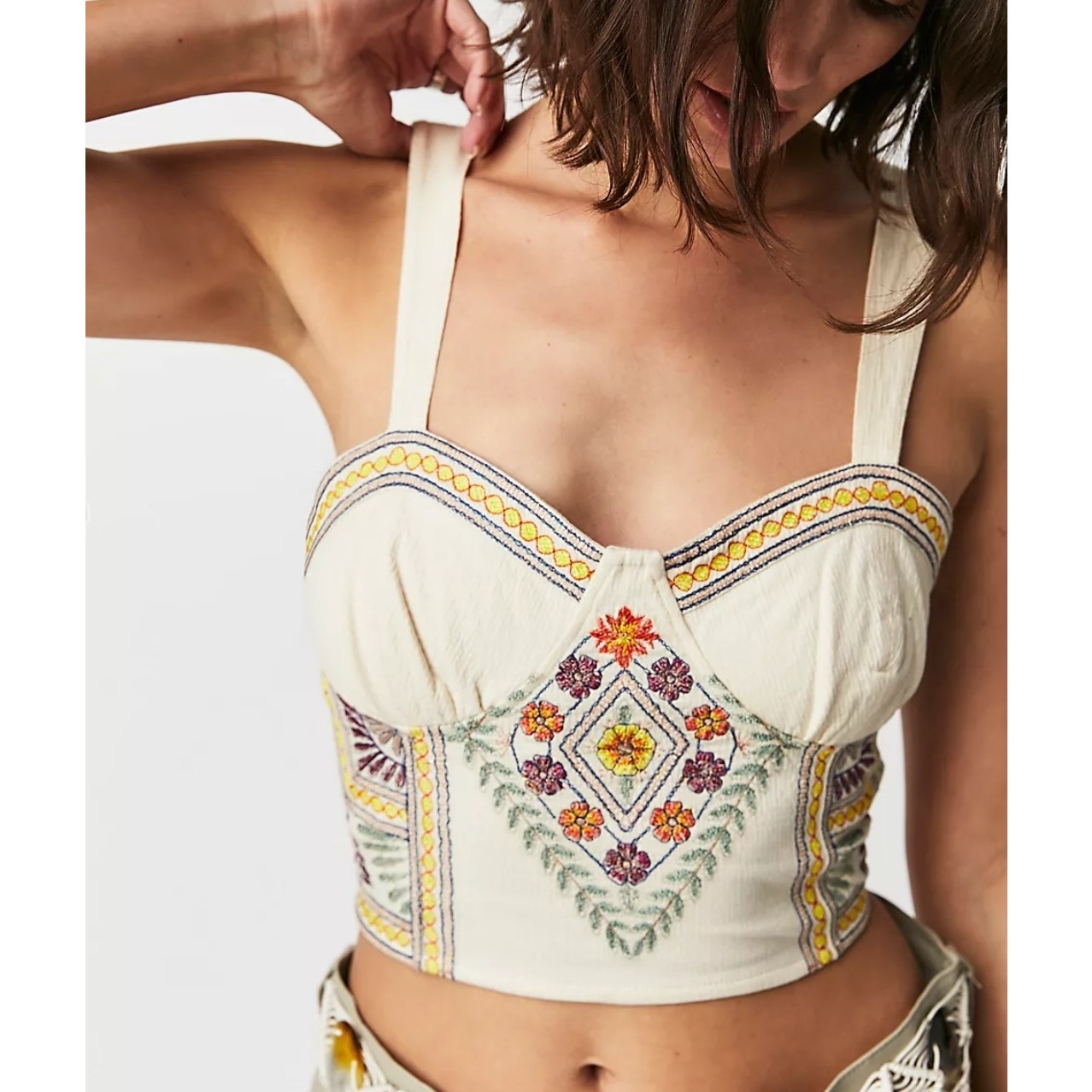 Free People Women's Datura Corset Sleeveless Crop Top Boho Metallic Embroidery Size S
