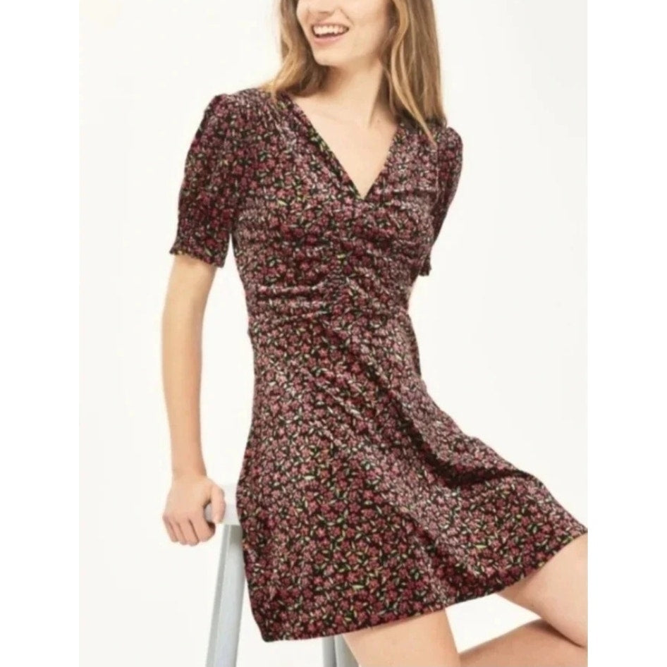 TOPSHOP Women's Bizzy Lizzy Velvet Red Floral Puff Sleeves Tea Dress Size 12