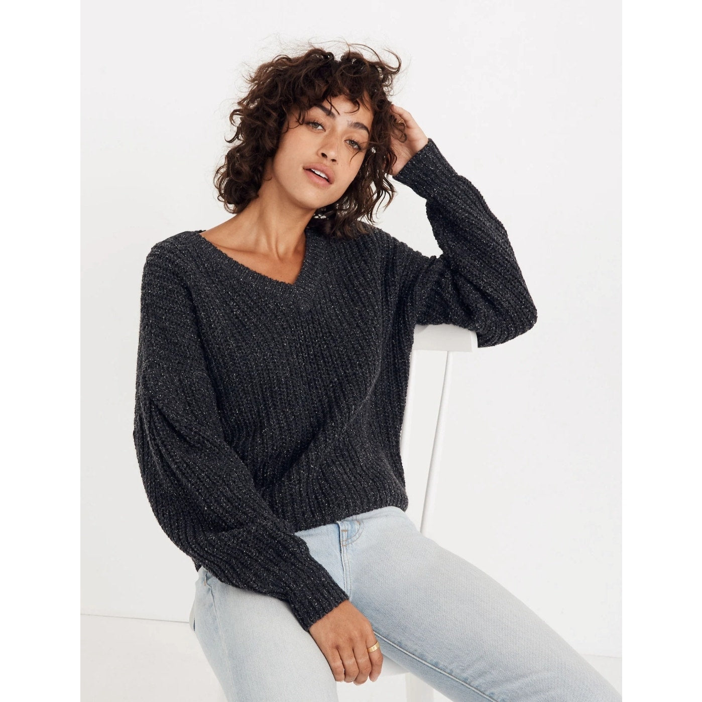 Madewell Pleat-Sleeve Pullover Sweater Ashland Slate | Italian Yarn Silk Blend Textured Knit | Women's Size XXS