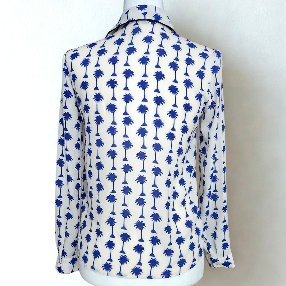 Topshop Women's Blue Palm Trees & Black Piping Button-Down Blouse Size US 4 | UK 8