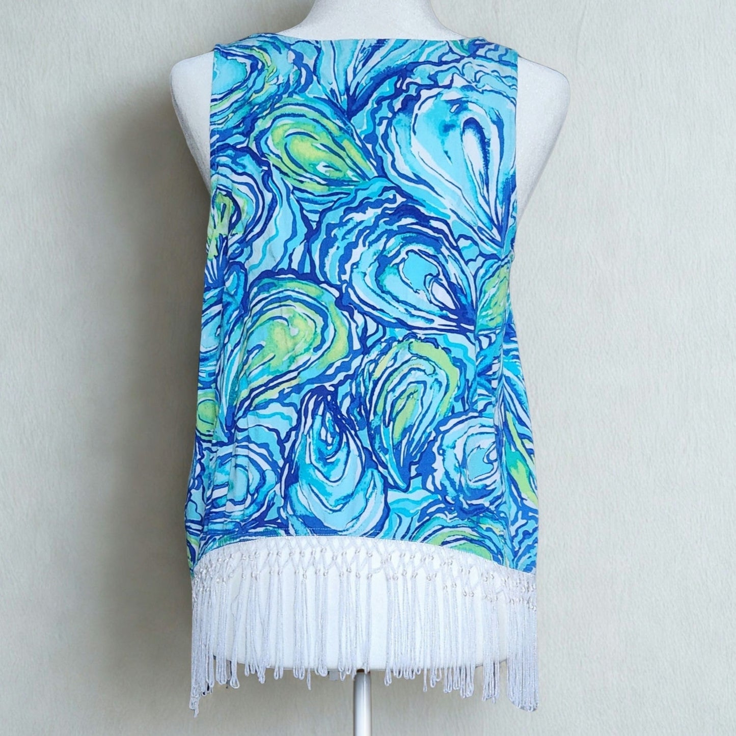 Lilly Pulitzer Women's Sonya Top β Sparkling Blue "Oh Shucks" Oyster Print Fringe Hem Size 8