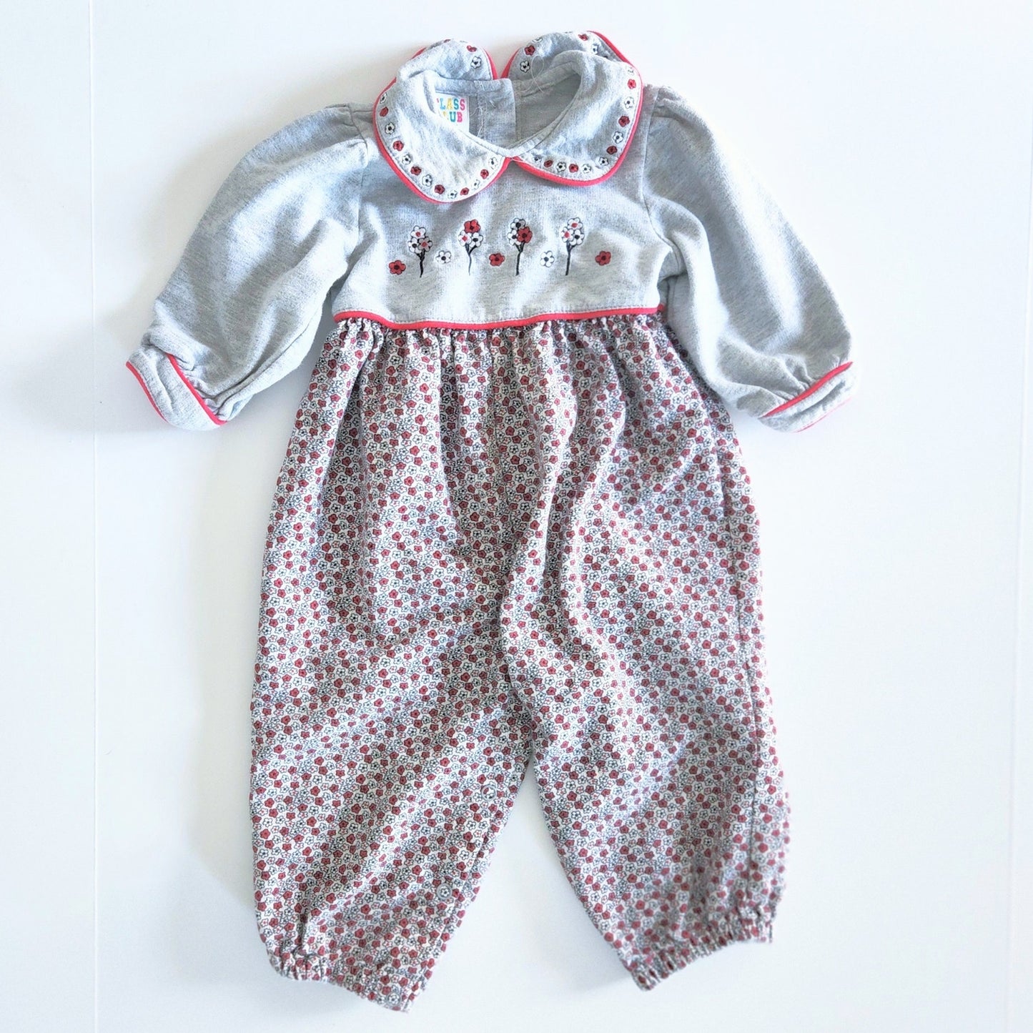 Class Club Vintage 90s Red Gray Floral Long Sleeve Bubble Suit Romper Sz 24 mos