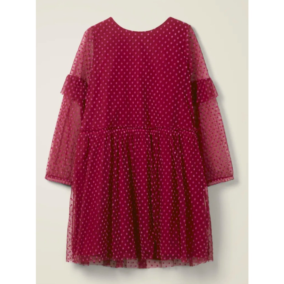 Mini Boden Girls Flocked Spot Winter Party Dress in Warm Cranberry Red – Size 13-14Y – NWT