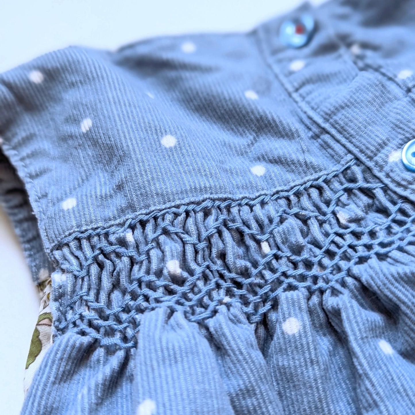Baby Boden Corduroy Snowman Appliqué Pinafore Dress Blue Polka Dots Sz 18-24 mos