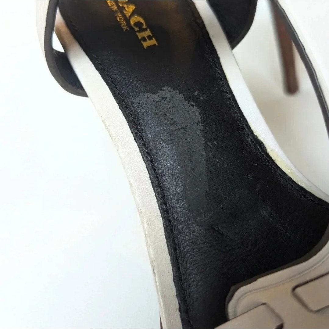 Coach Izzy Ivory White Leather Strappy Sandals Wooden Stiletto Heels Women's Size 7