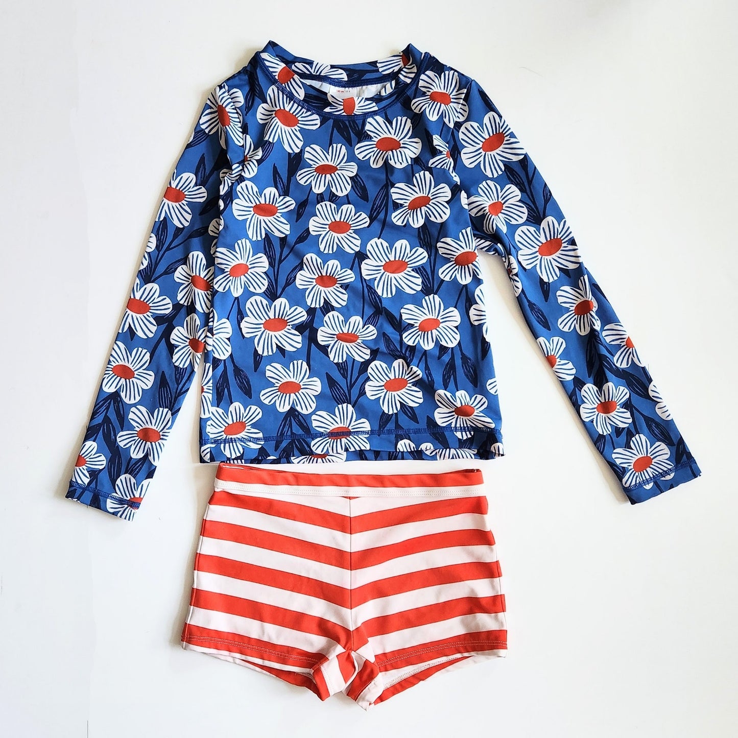 Hanna Andersson Girls Printed Mixie Rashguard Short Swim Set Blue Daisy Size 8 | 130 cm