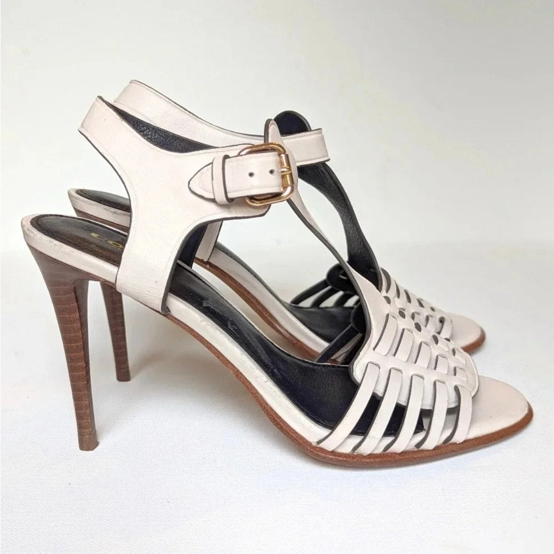 Coach Izzy Ivory White Leather Strappy Sandals Wooden Stiletto Heels Women's Size 7