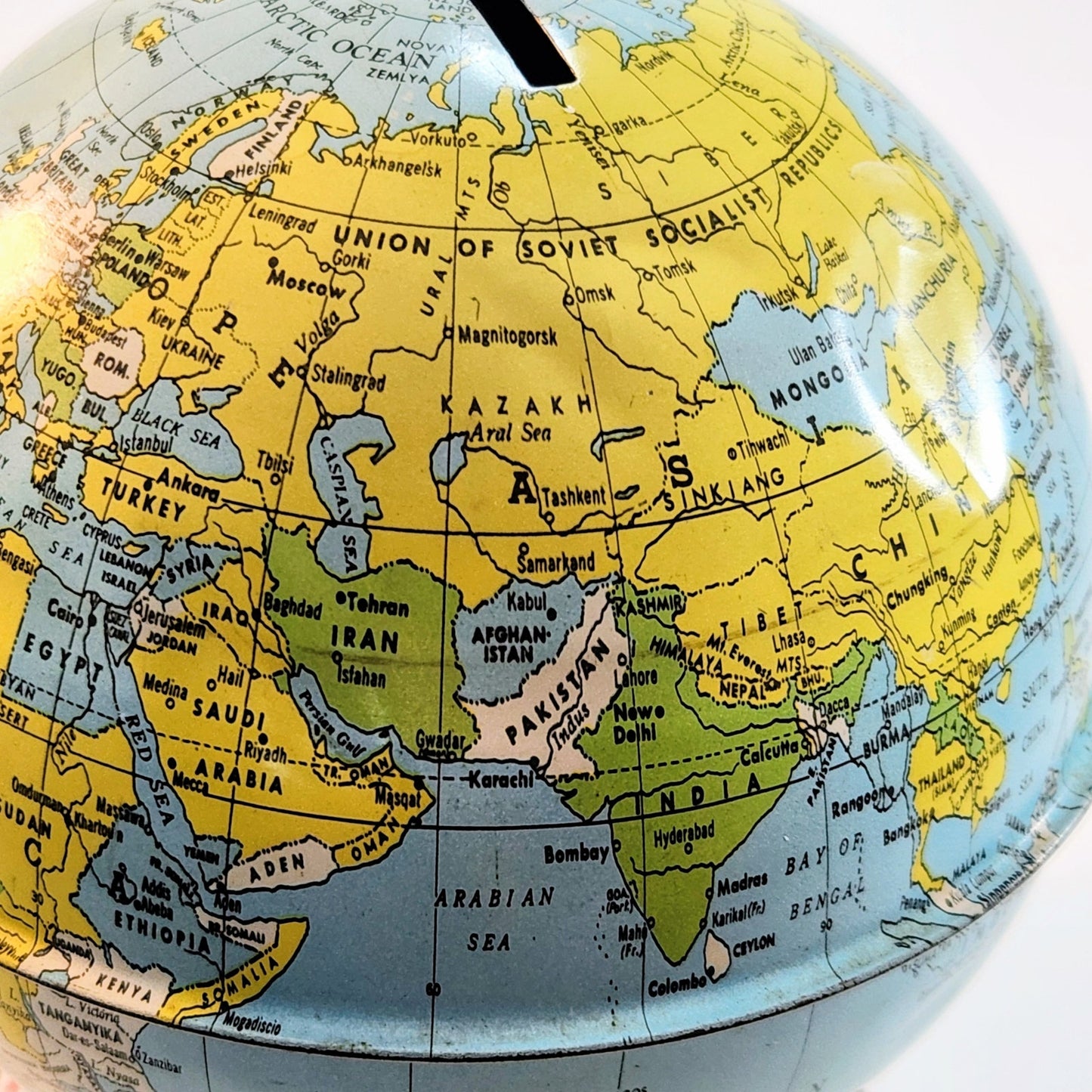 Mid-Century Vintage J. Chein & Co Tin Globe Bank Retro World Map Kids Coin Bank