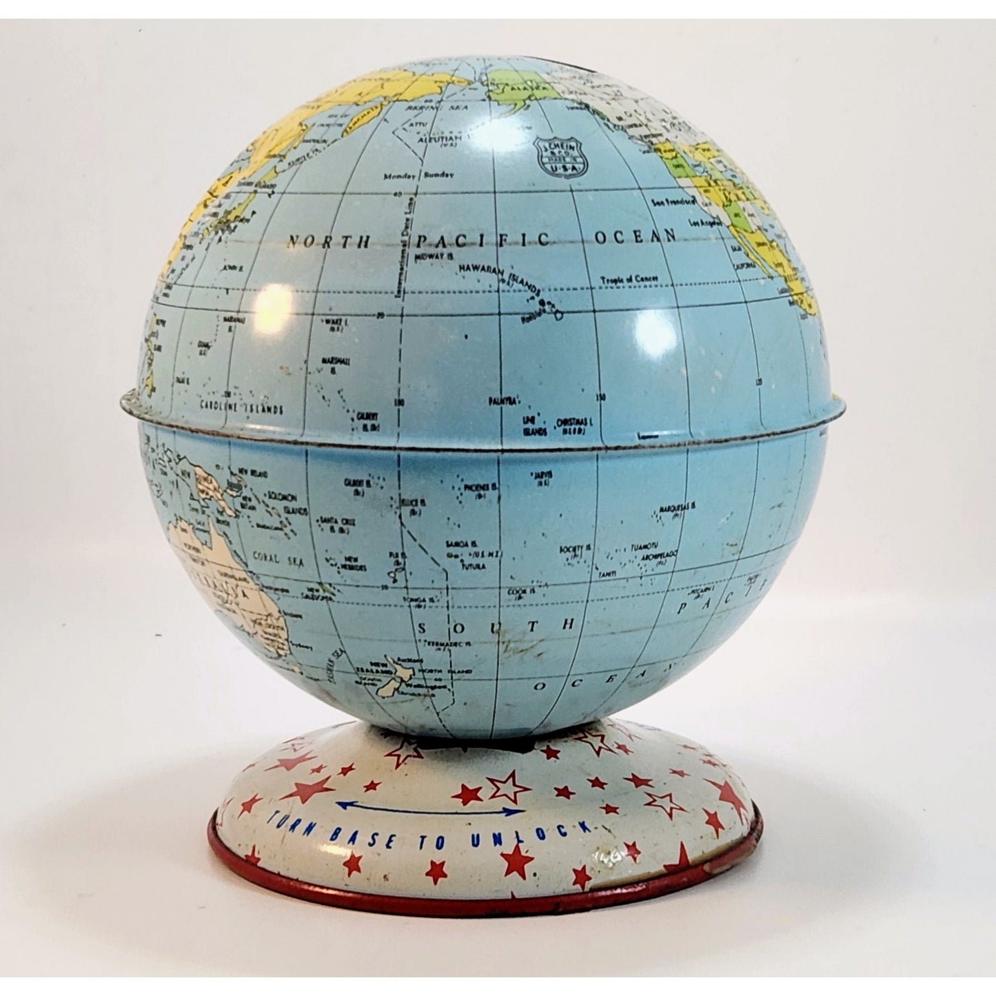 Mid-Century Vintage J. Chein & Co Tin Globe Bank Retro World Map Kids Coin Bank