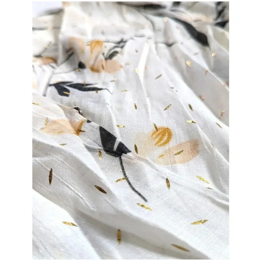 Harvé Benard White & Blush Floral Gold Metallic Short Sleeve Wrap Blouse Sz LP