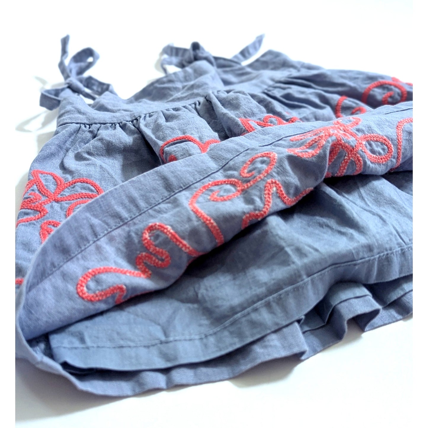 Tea Collection Linen Blend Blue Chambray Red Embroidered Dress Size 3-6 months