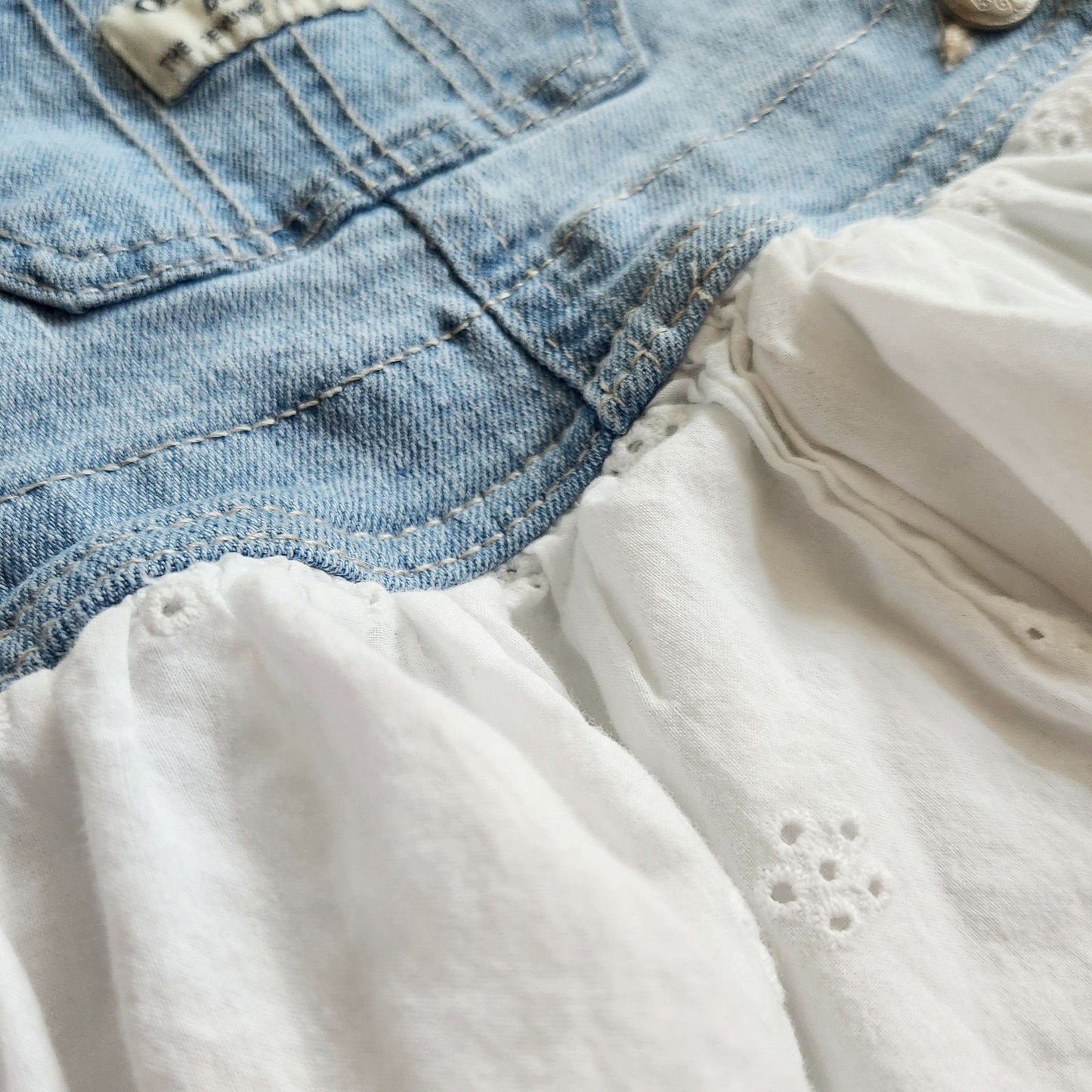 Oshkosh B'Gosh Girls Denim & White Eyelet Skirted Overalls Size 12 months