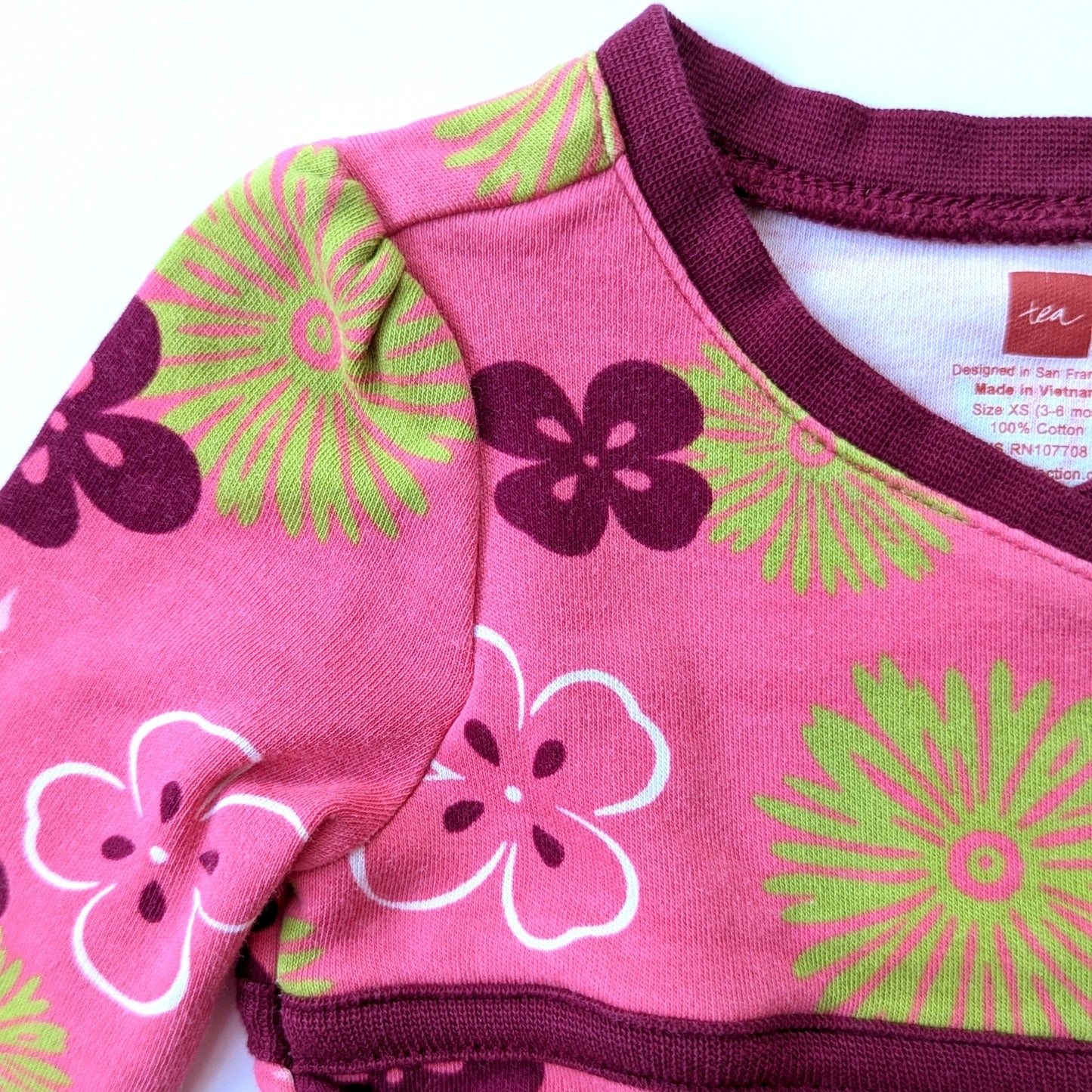 Tea Collection Pink & Green Floral Bird Wrap Dress Infant Sz XS 3-6 mos EUC