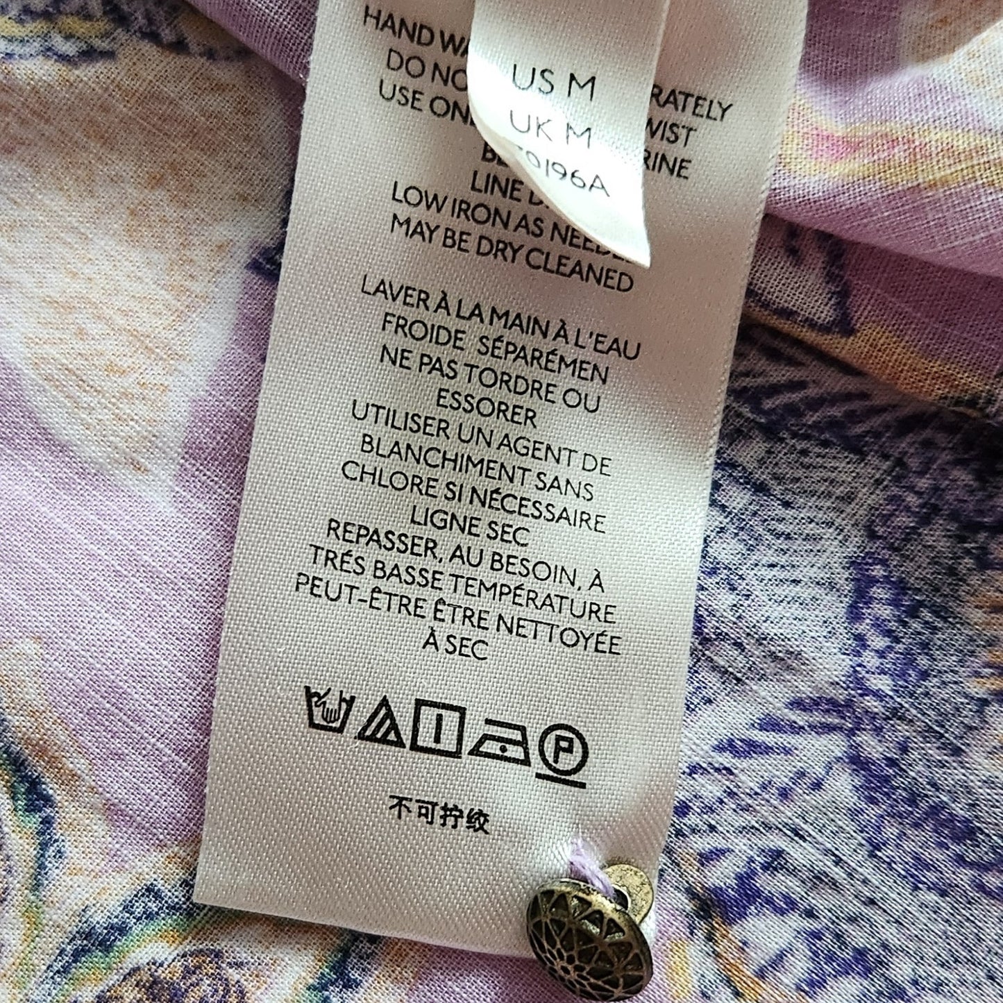 Anthropologie Bohemian Purple Floral Blouse Brass Buttons Flutter Sleeves Size M