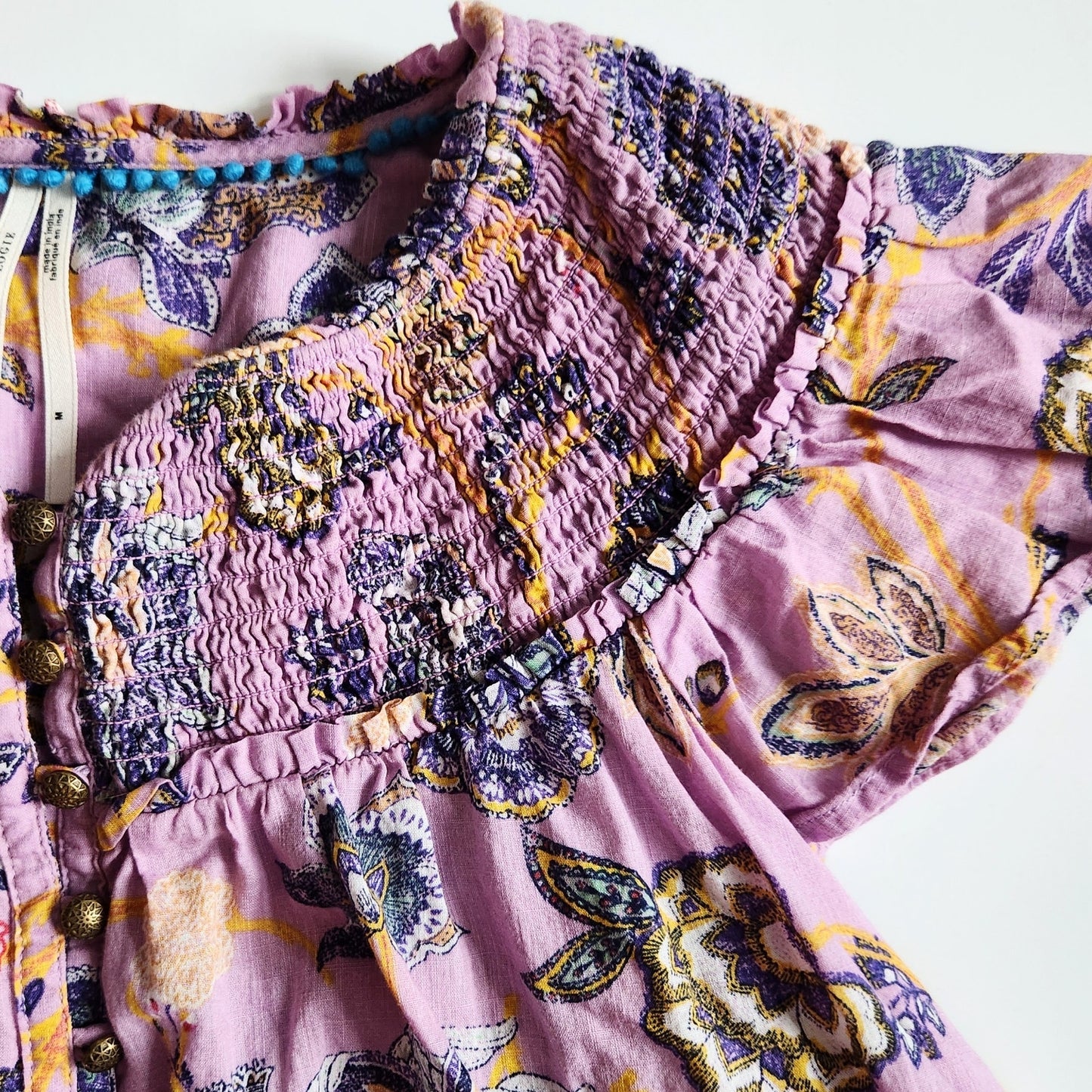 Anthropologie Bohemian Purple Floral Blouse Brass Buttons Flutter Sleeves Size M