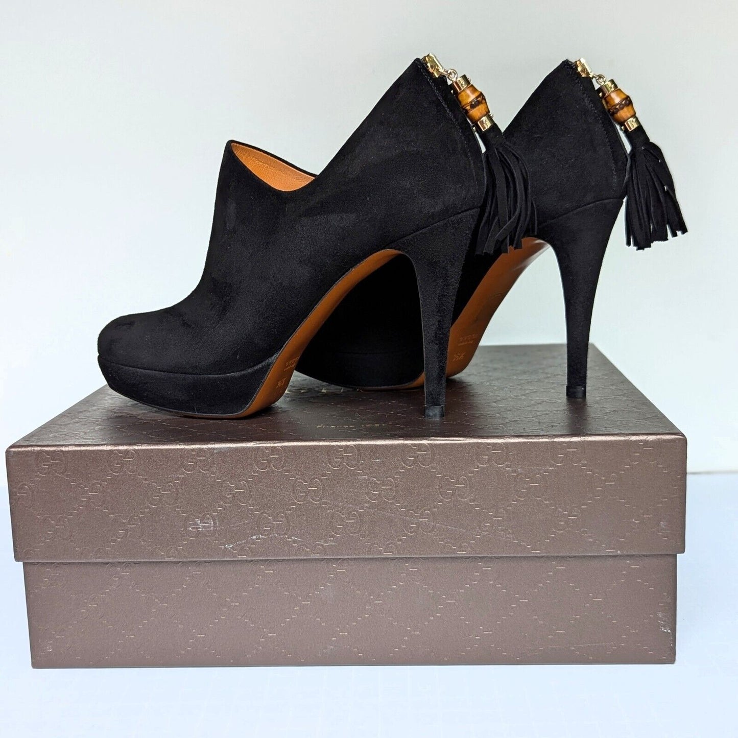 Gucci Betty High Heel Platform Bootie Size 36.5 | 6.5 Black Suede Bamboo Tassel