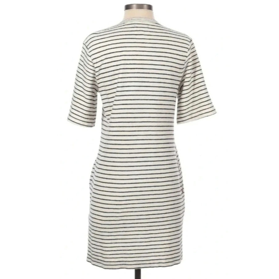 Lou & Grey Striped French Terry Dress | Navy Ivory Short Sleeve V-Neck Shift with Pockets | Women's Size M NWT