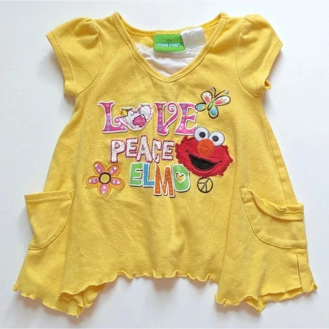 Vintage Sesame Street Baby Shirt Yellow “Love Peace Elmo” Tunic Size 18 Months