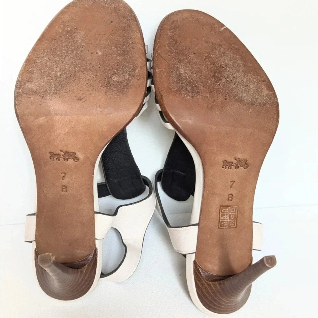 Coach Izzy Ivory White Leather Strappy Sandals Wooden Stiletto Heels Women's Size 7
