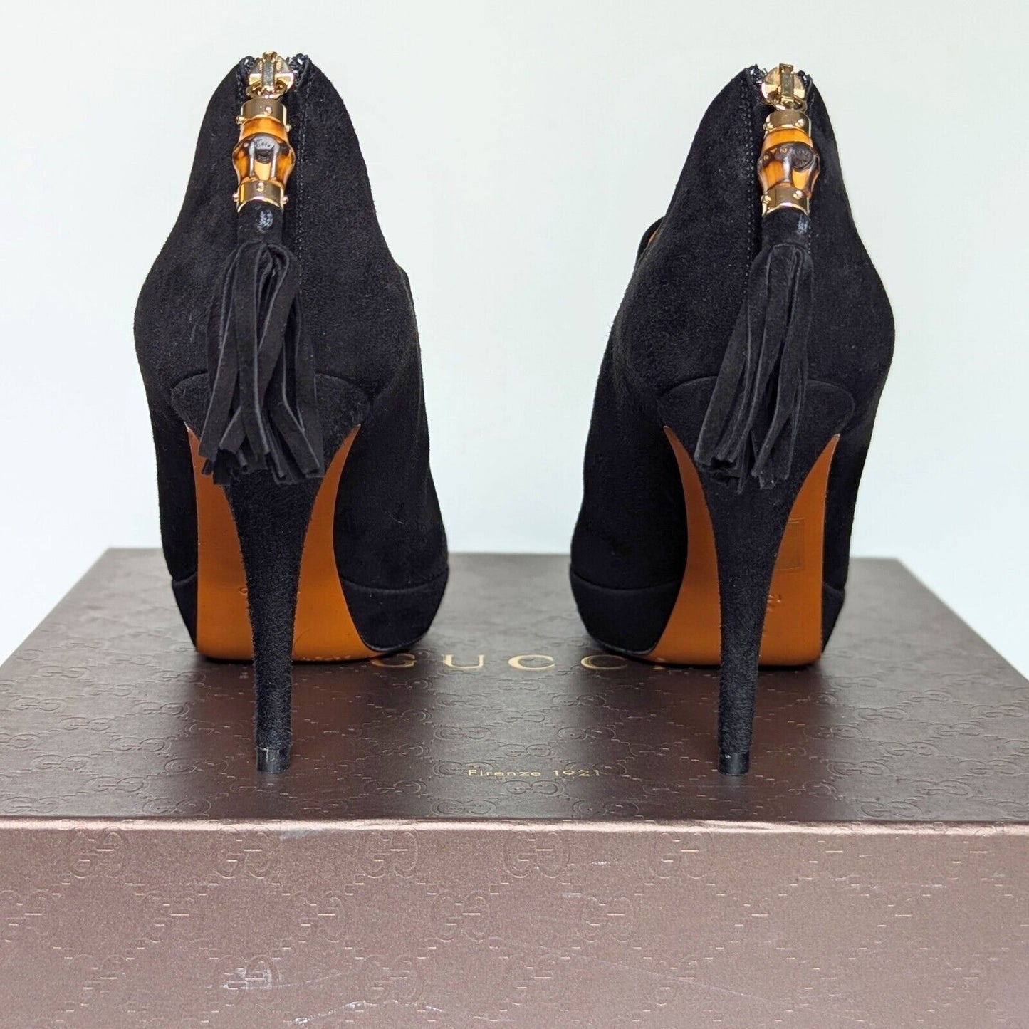 Gucci Betty High Heel Platform Bootie Size 36.5 | 6.5 Black Suede Bamboo Tassel