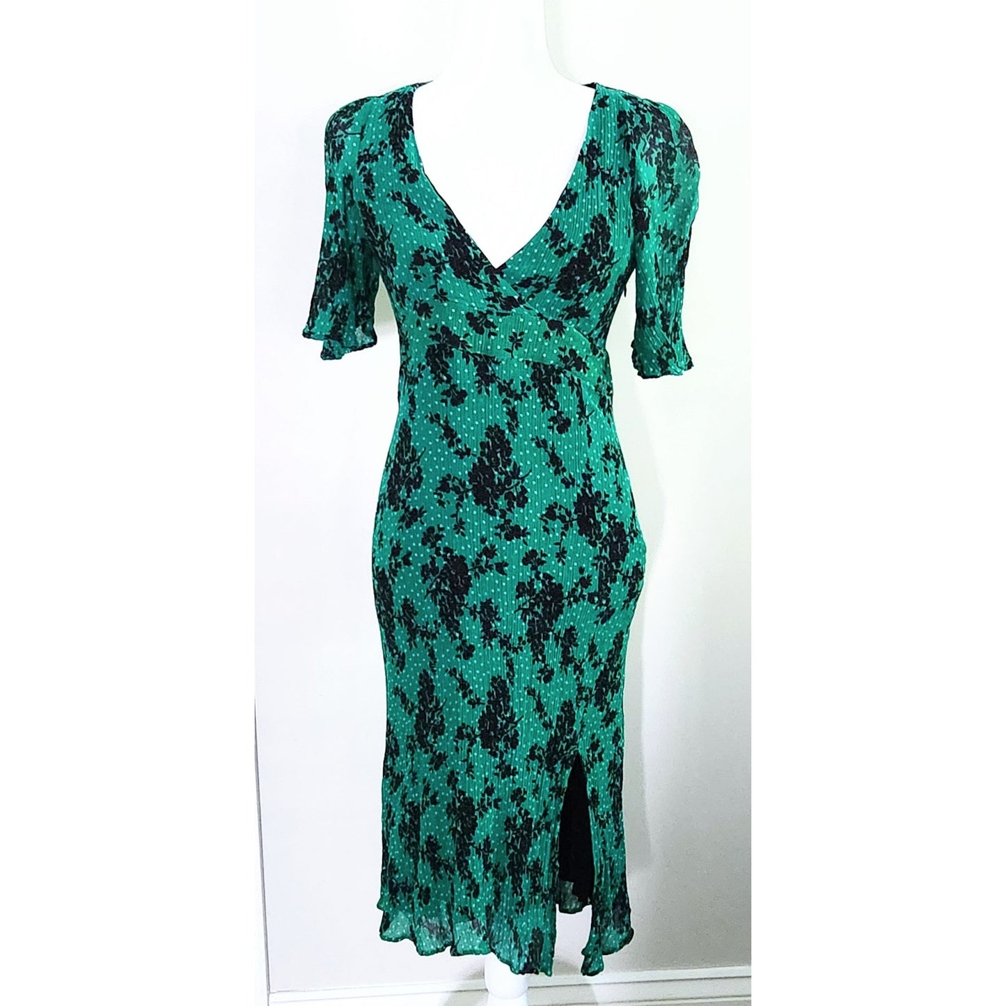 Caroll Paris Women's Green Crinkle Midi Dress Size 6 US | 38 EU