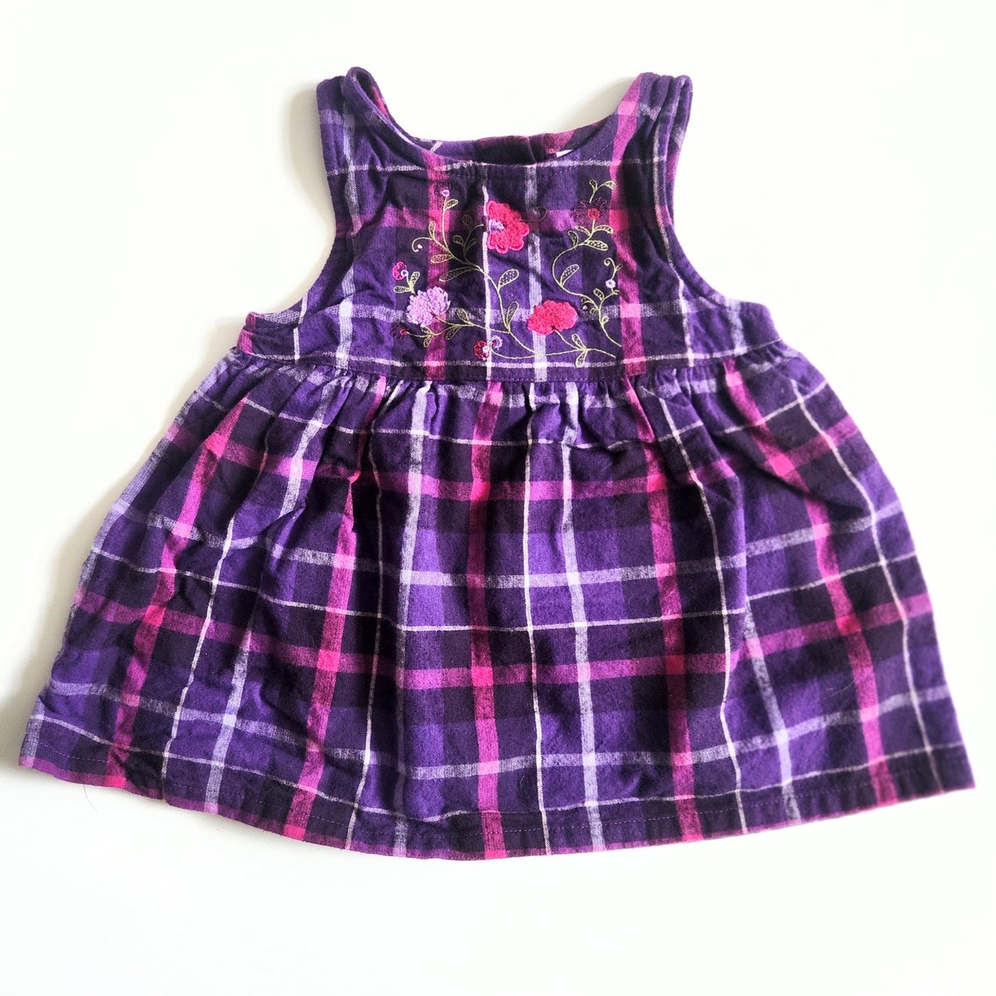 McKids Vintage 90s Baby Purple Plaid Floral Embroidered Jumper Dress Sz 18 mos