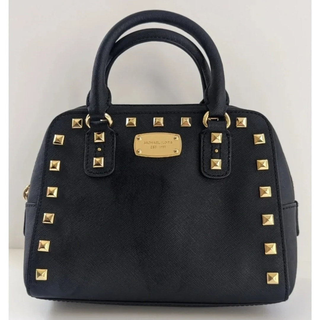 MICHAEL Michael Kors Women's Black Saffiano Leather Small Studded Sandrine Satchel