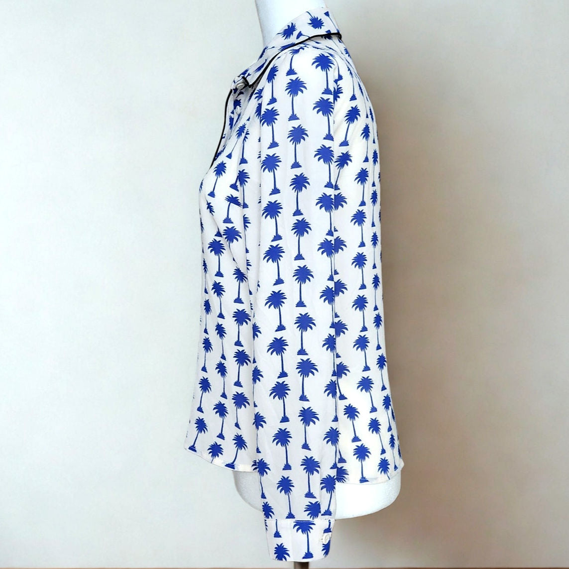 Topshop Women's Blue Palm Trees & Black Piping Button-Down Blouse Size US 4 | UK 8