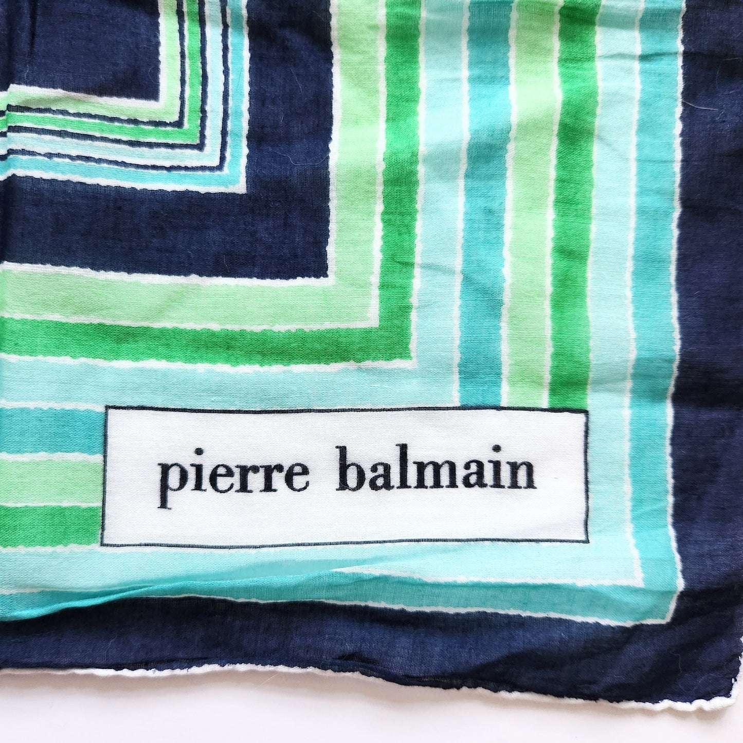 Pierre Balmain Vintage 1970s Blue & Green Square Scarf | 24.5” Designer Neck Scarf | Mod Striped Silk Cotton Blend Wrap | Women's French Fashion Accessory