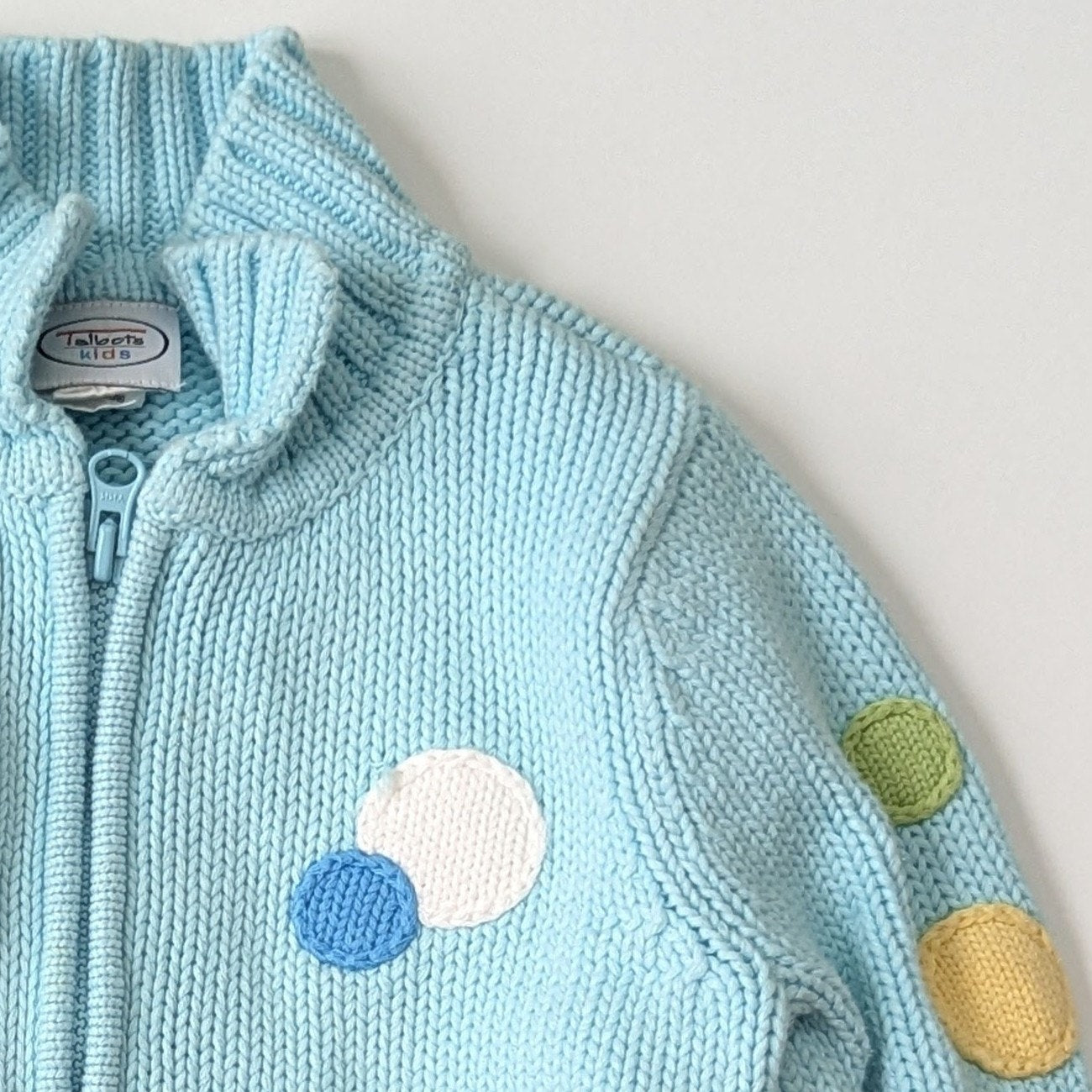 Talbots Kids Vintage 90s Girls Cable Knit Turquoise Polka Dot Zip Cardigan Sz 6