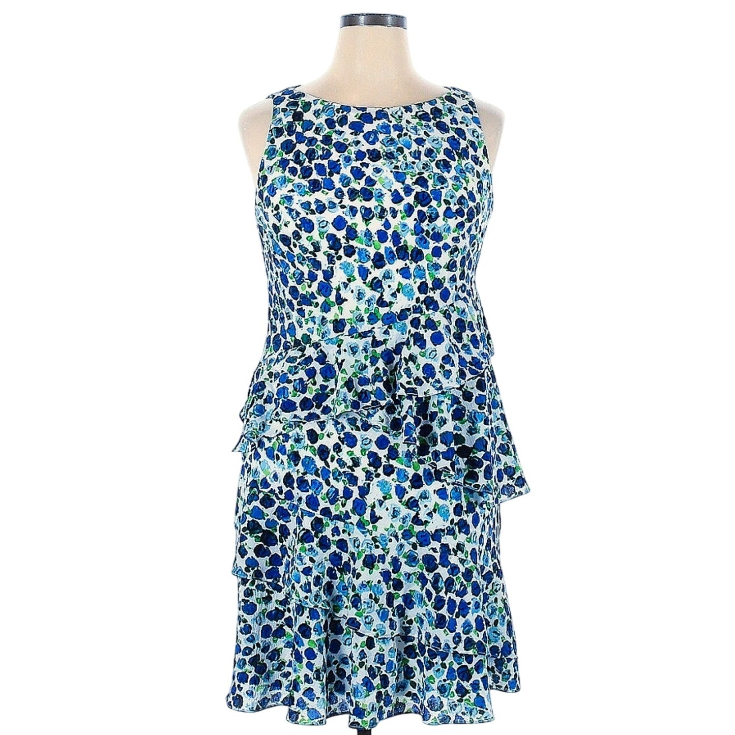 Lauren Ralph Lauren Ruffled Crepe Dress | Blue Floral Print Colonial Cream | Women's Size 14 | Sleeveless Shift