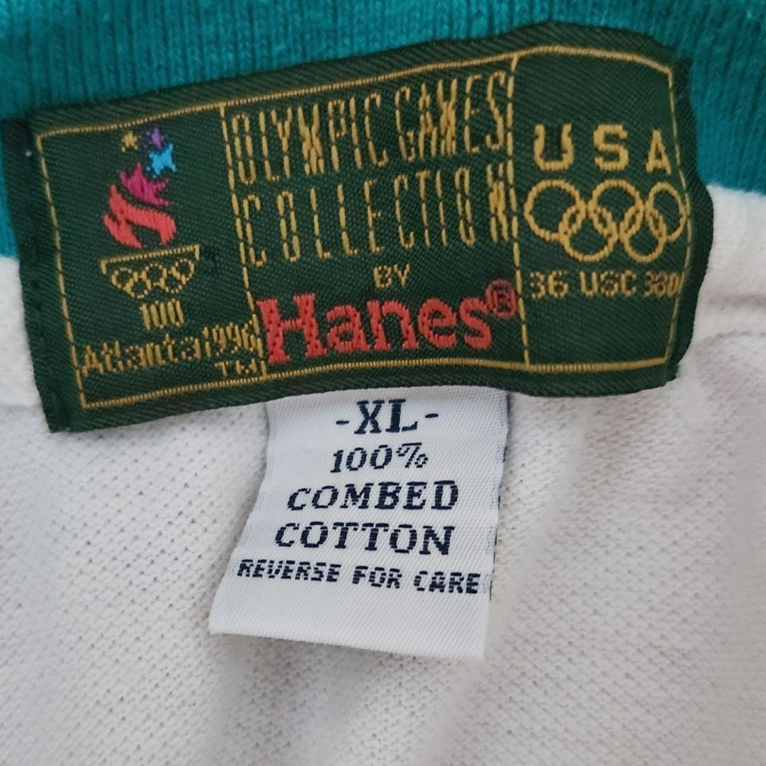 Vintage 1996 Atlanta Olympics White Teal Polo Shirt Size XL Hanes USA Official