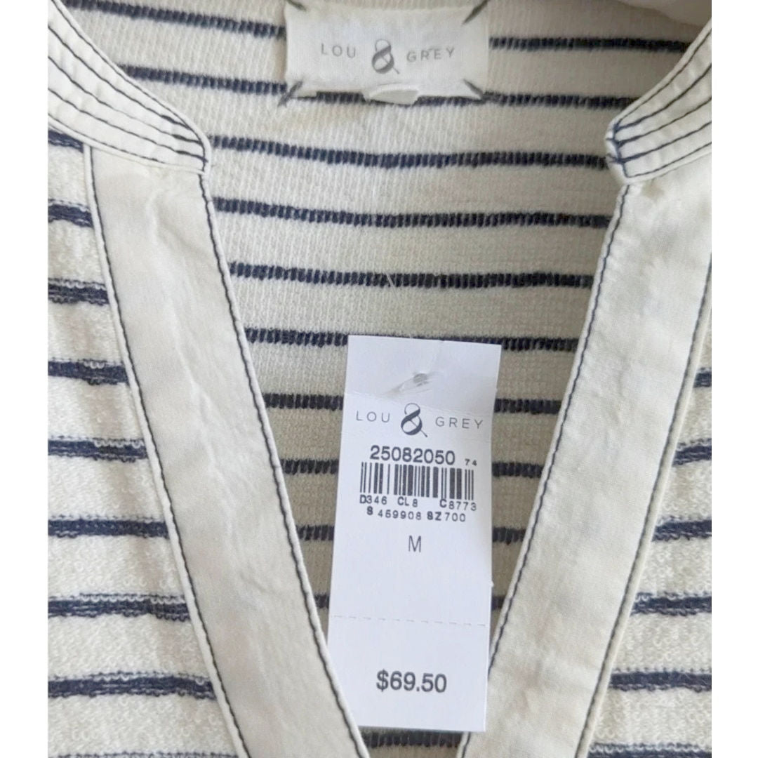 Lou & Grey Striped French Terry Dress | Navy Ivory Short Sleeve V-Neck Shift with Pockets | Women's Size M NWT
