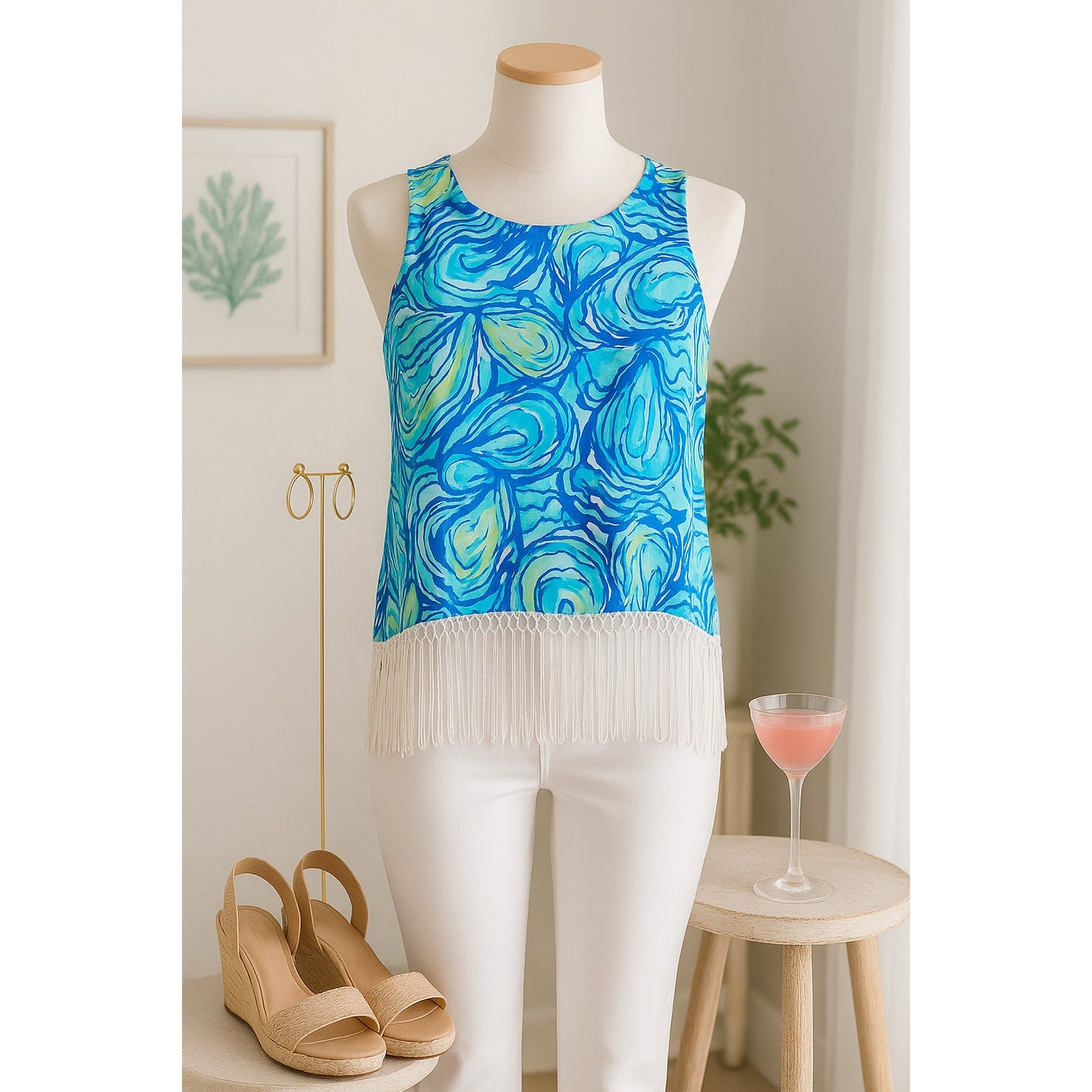 Lilly Pulitzer Women's Sonya Top β Sparkling Blue "Oh Shucks" Oyster Print Fringe Hem Size 8