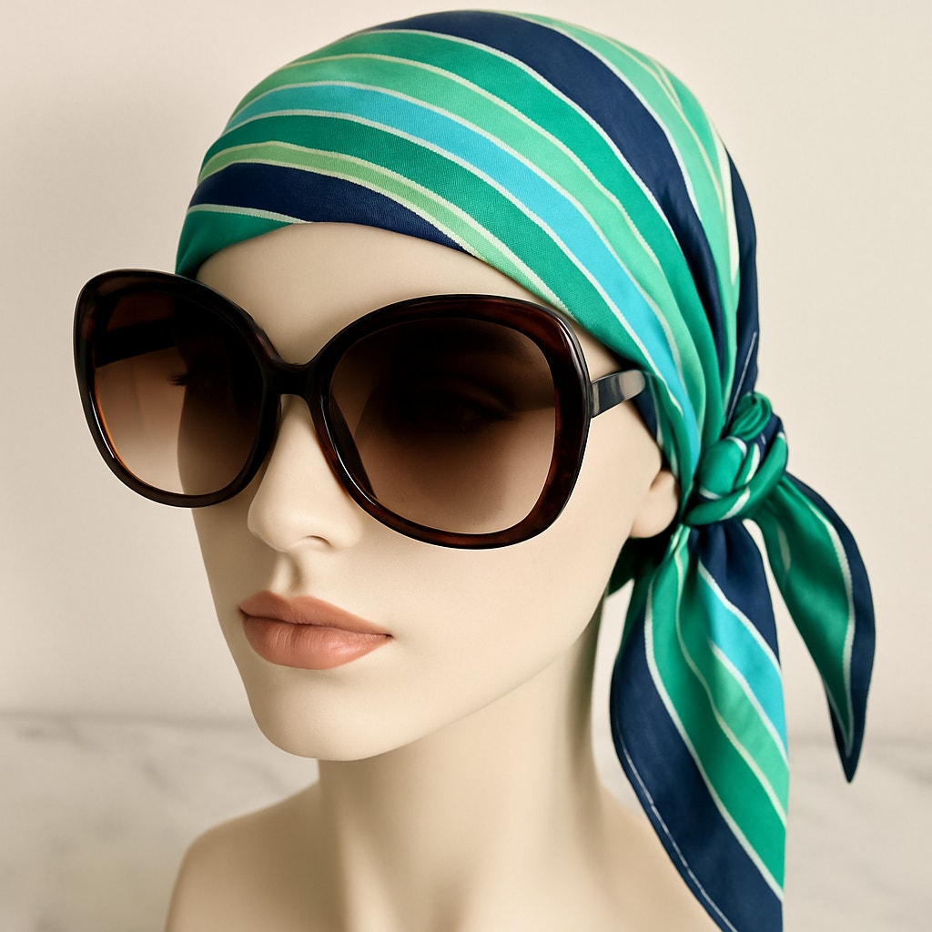 Pierre Balmain Vintage 1970s Blue & Green Square Scarf | 24.5” Designer Neck Scarf | Mod Striped Silk Cotton Blend Wrap | Women's French Fashion Accessory