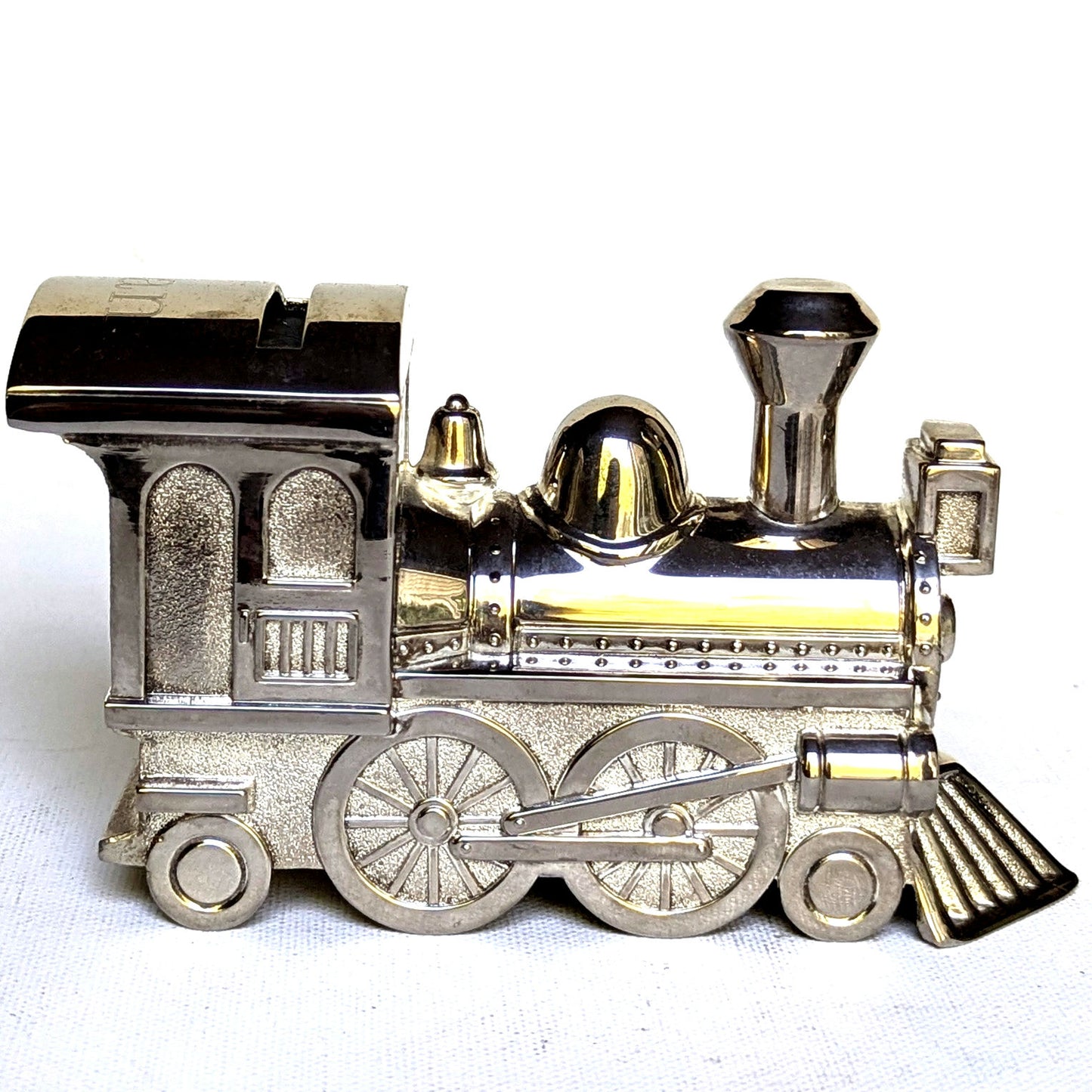 Vintage 1990s Silverplate Metal Train Coin Piggy Bank Collectible Keepsake "Dan"