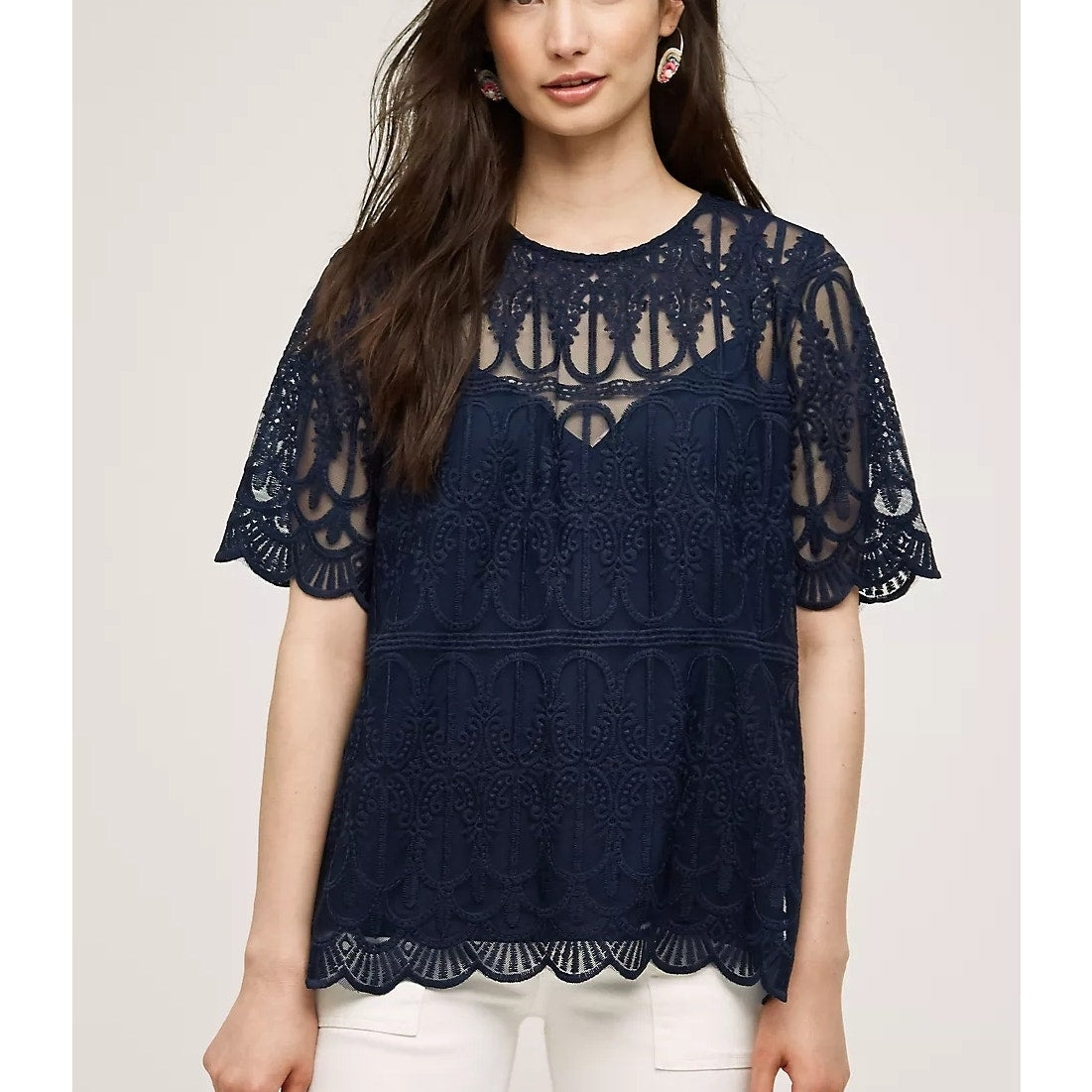 Anthropologie Women's En Elle Marka Lace Scallop Hem Navy Blue Blouse Size 10 NWT