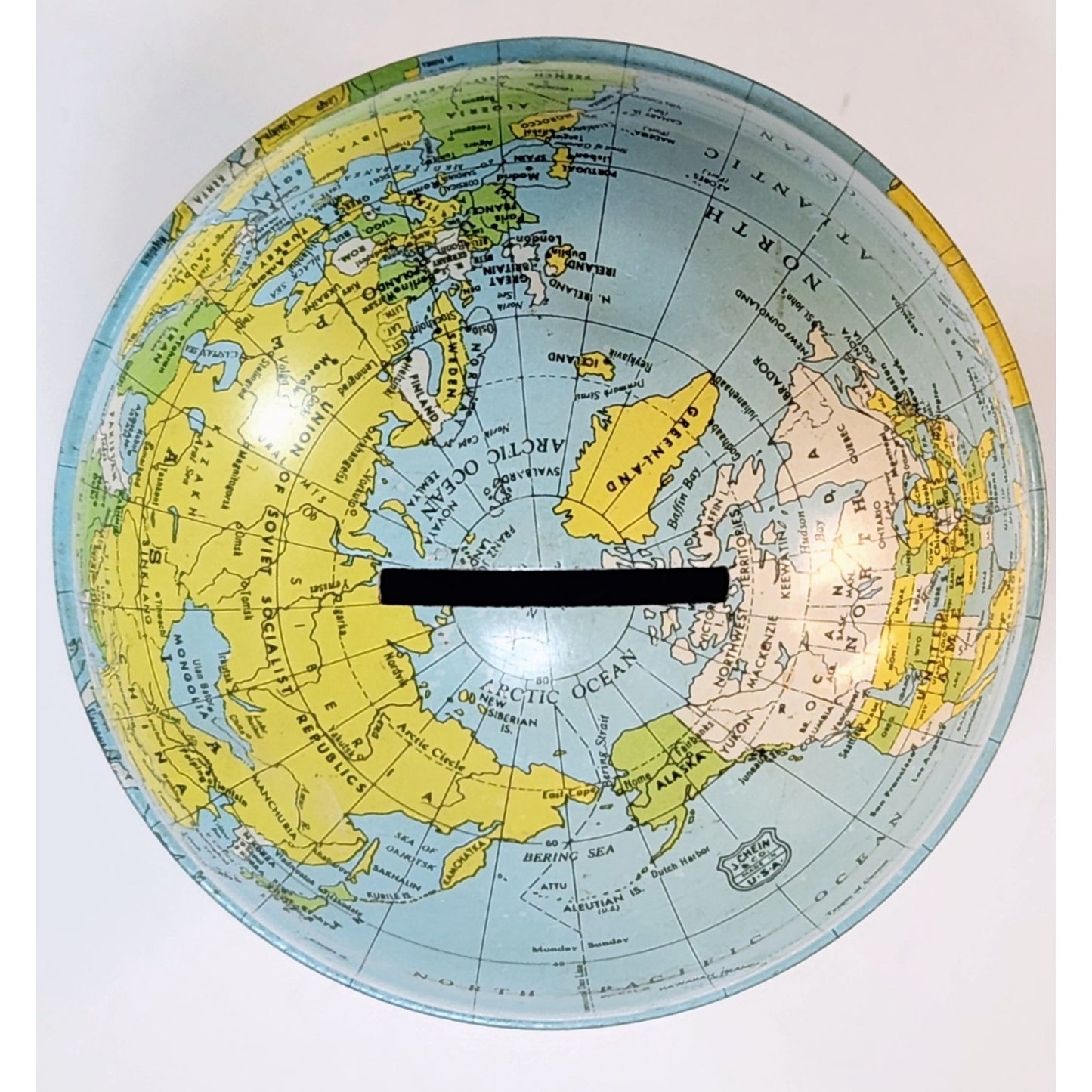 Mid-Century Vintage J. Chein & Co Tin Globe Bank Retro World Map Kids Coin Bank