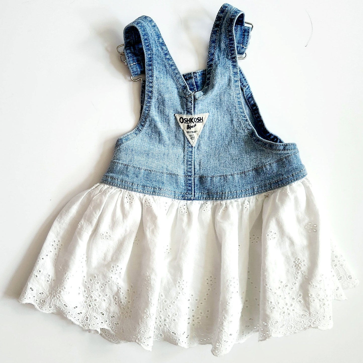 Oshkosh B'Gosh Girls Denim & White Eyelet Skirted Overalls Size 12 months