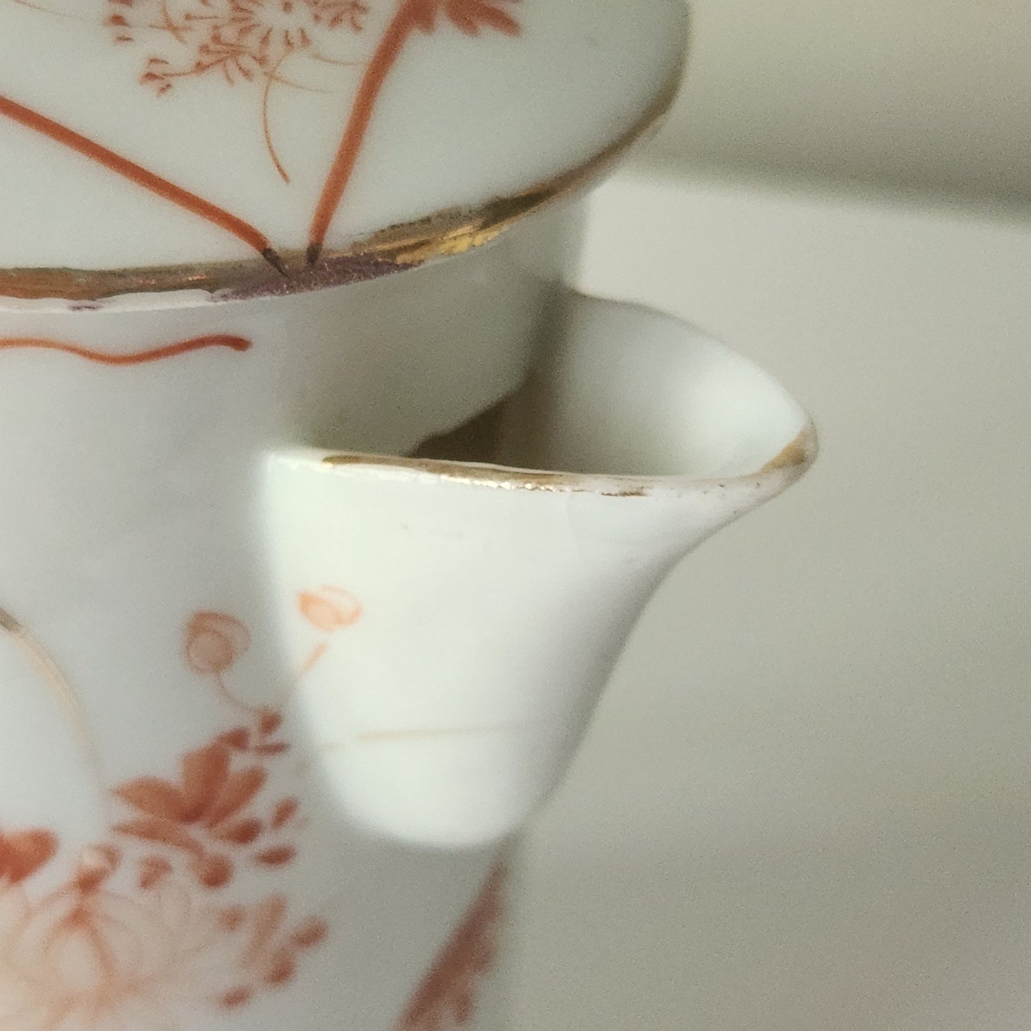 Antique Japanese Chocolate Pot | Early 20th Century Porcelain | Red Orange Floral Design with Gold Gilding | Bamboo Handle | Asian Decorative Teapot 7.5"