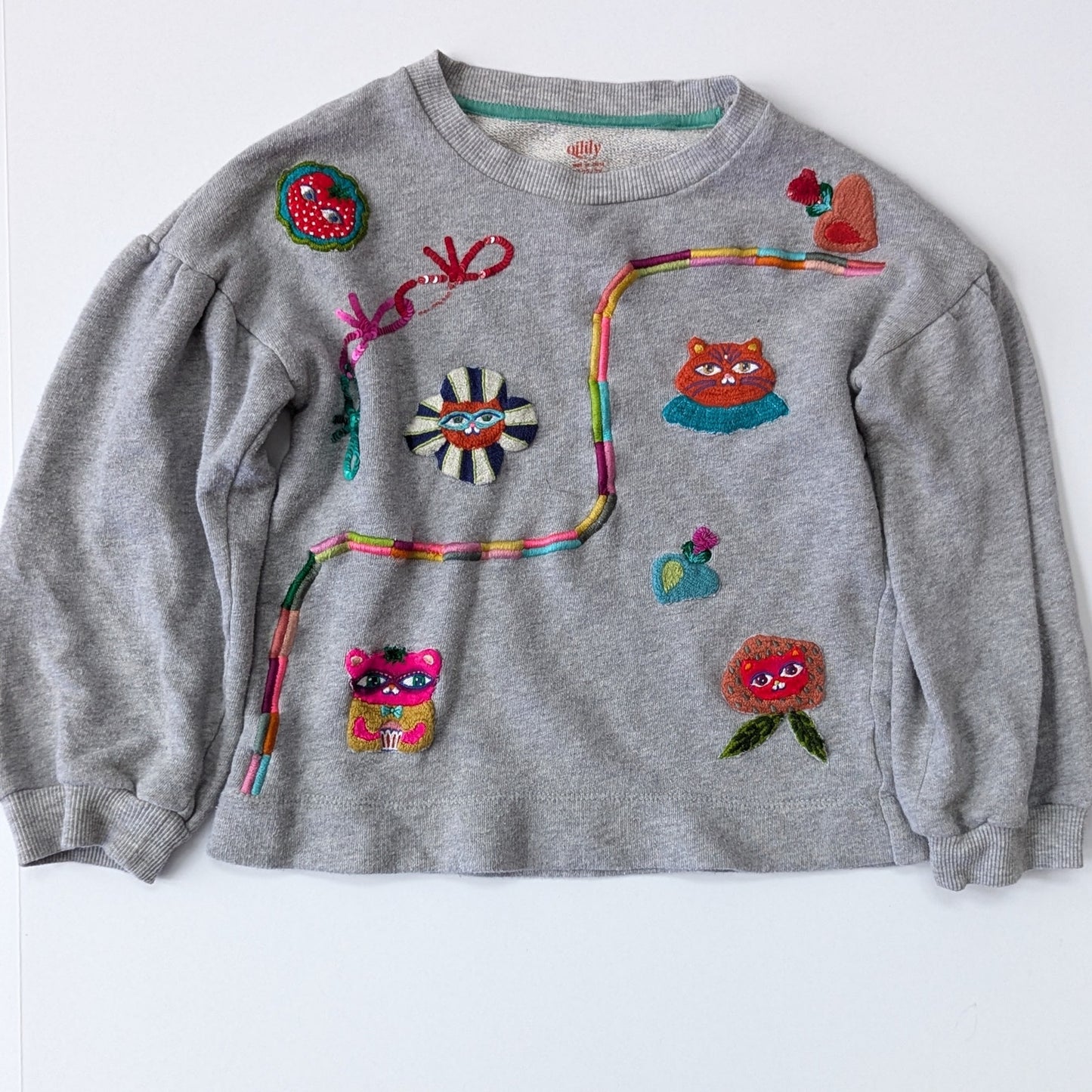 Oilily Believe Sweater Gray Crewneck Sequins Embroidery Size 7 | 122 cm