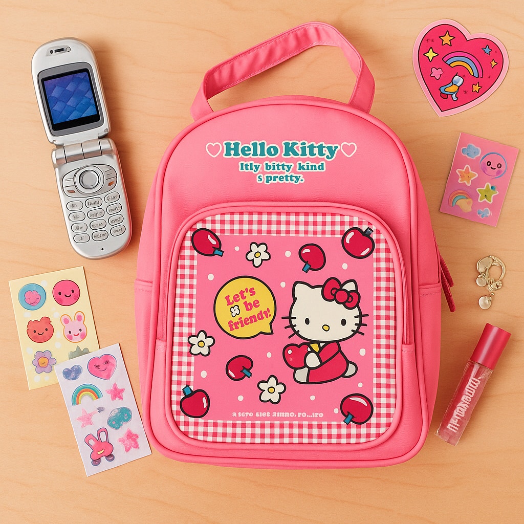 Vintage 2002 Kids Sanrio Hello Kitty Pink Bag β Cherries Daisies Gingham Print β "Letβs Be Friends" β Kawaii Collectible Tote β NWT