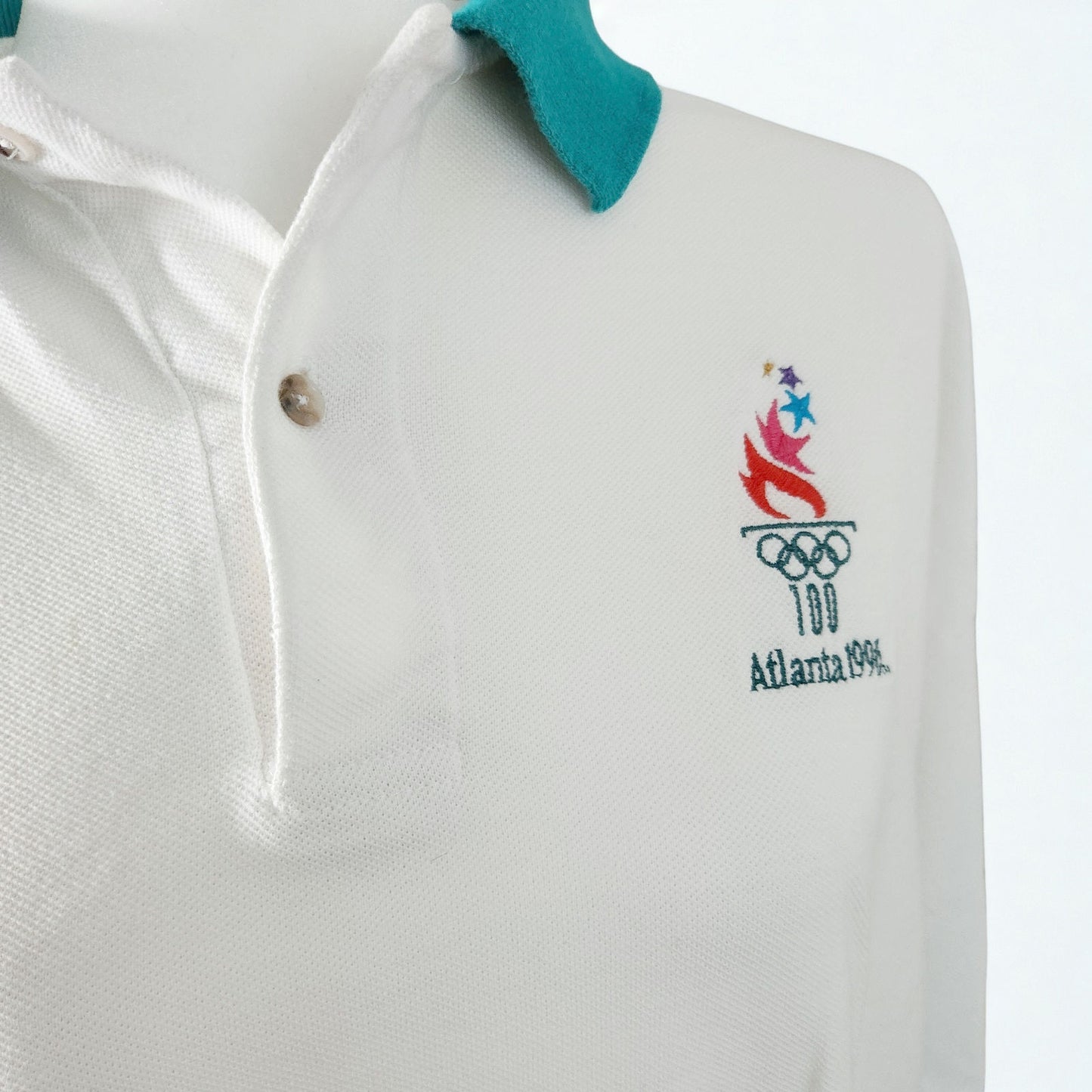 Vintage 1996 Atlanta Olympics White Teal Polo Shirt Size XL Hanes USA Official