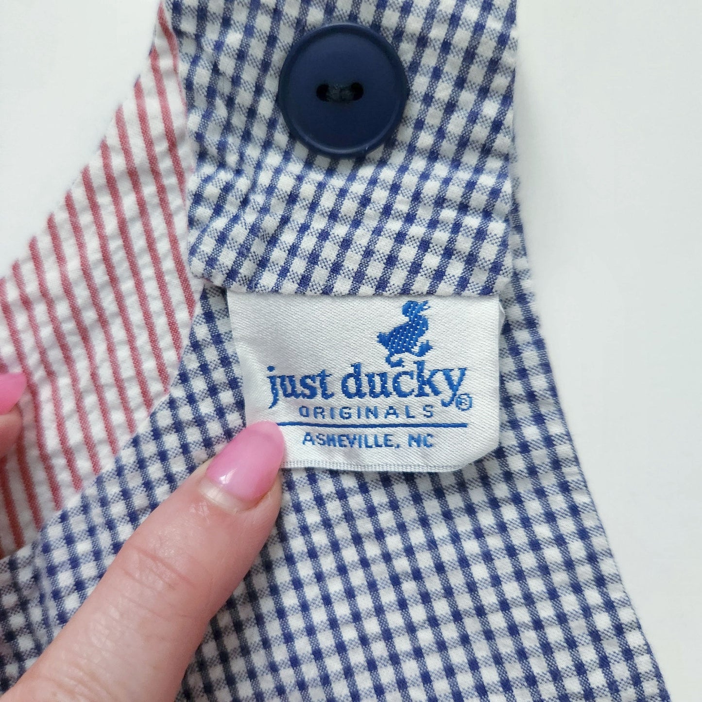 Vintage Just Ducky Reversible Baby Boy Romper Nautical Seersucker Size 24 Months