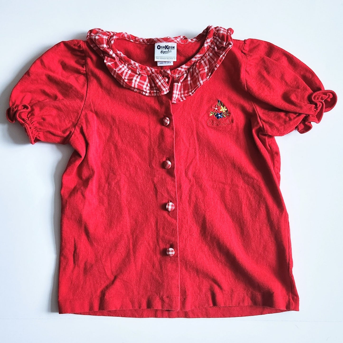 Oshkosh B'gosh Vintage 1980s Girls Red Button Top Gingham Collar Size 6
