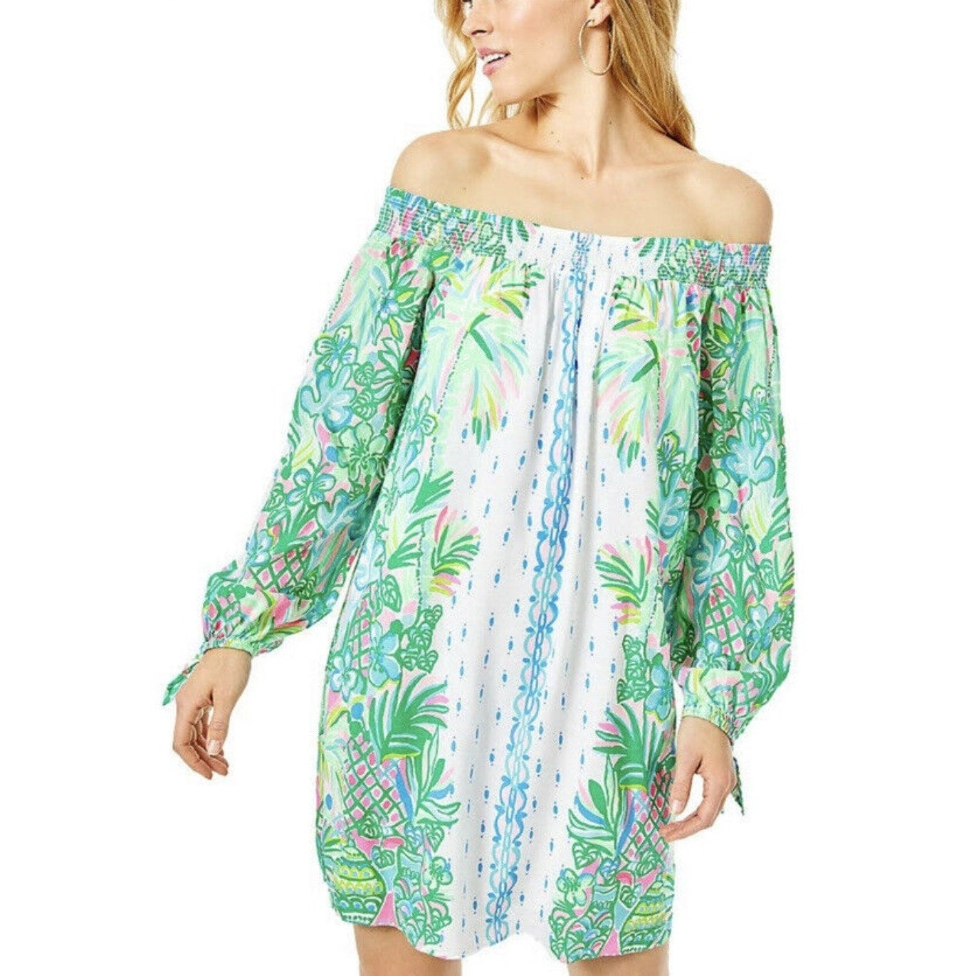 Lilly Pulitzer Women's Maryellen Off Shoulder Dress Coconut Row Pineapple Print Resort White Size M