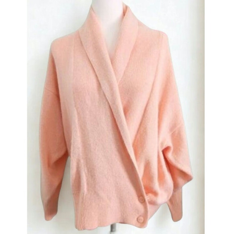 Vintage 1980s Blush Peach Double Breasted Wrap Cardigan Sweater | Women’s Size L 12–14 | Drop Shoulder Cozy Retro Knit